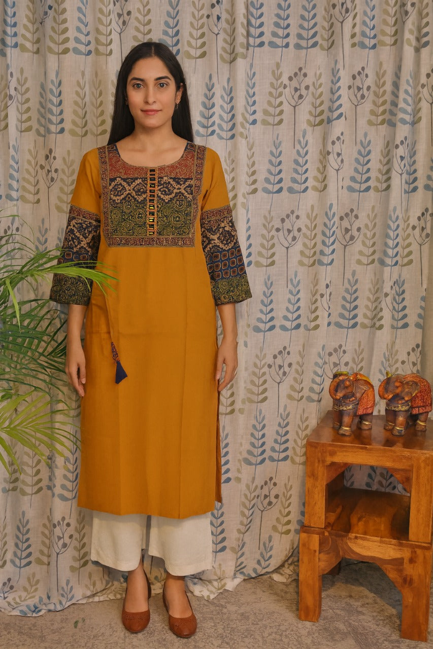 Yellow khadi cotton kurti with real mirror work and ajarakh print detailing