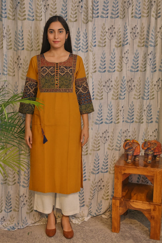 Yellow khadi cotton kurti with real mirror work and ajarakh print detailing